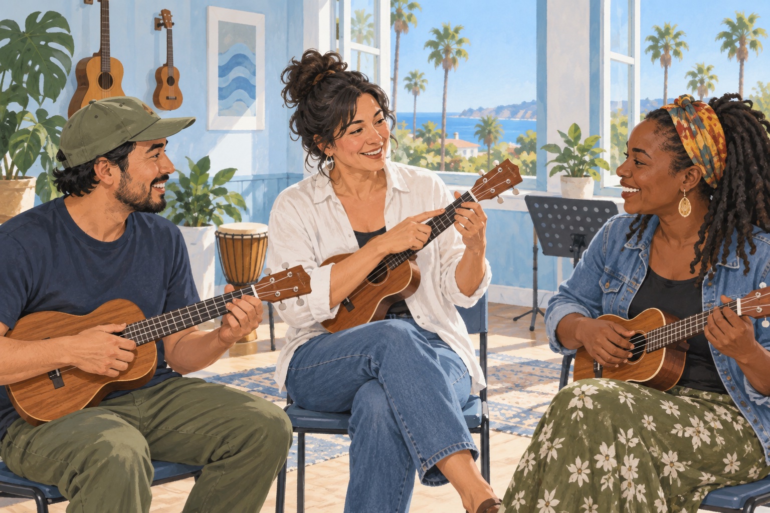 Editorial illustration of three adults sharing ukulele practice in a San Diego-inspired community room.