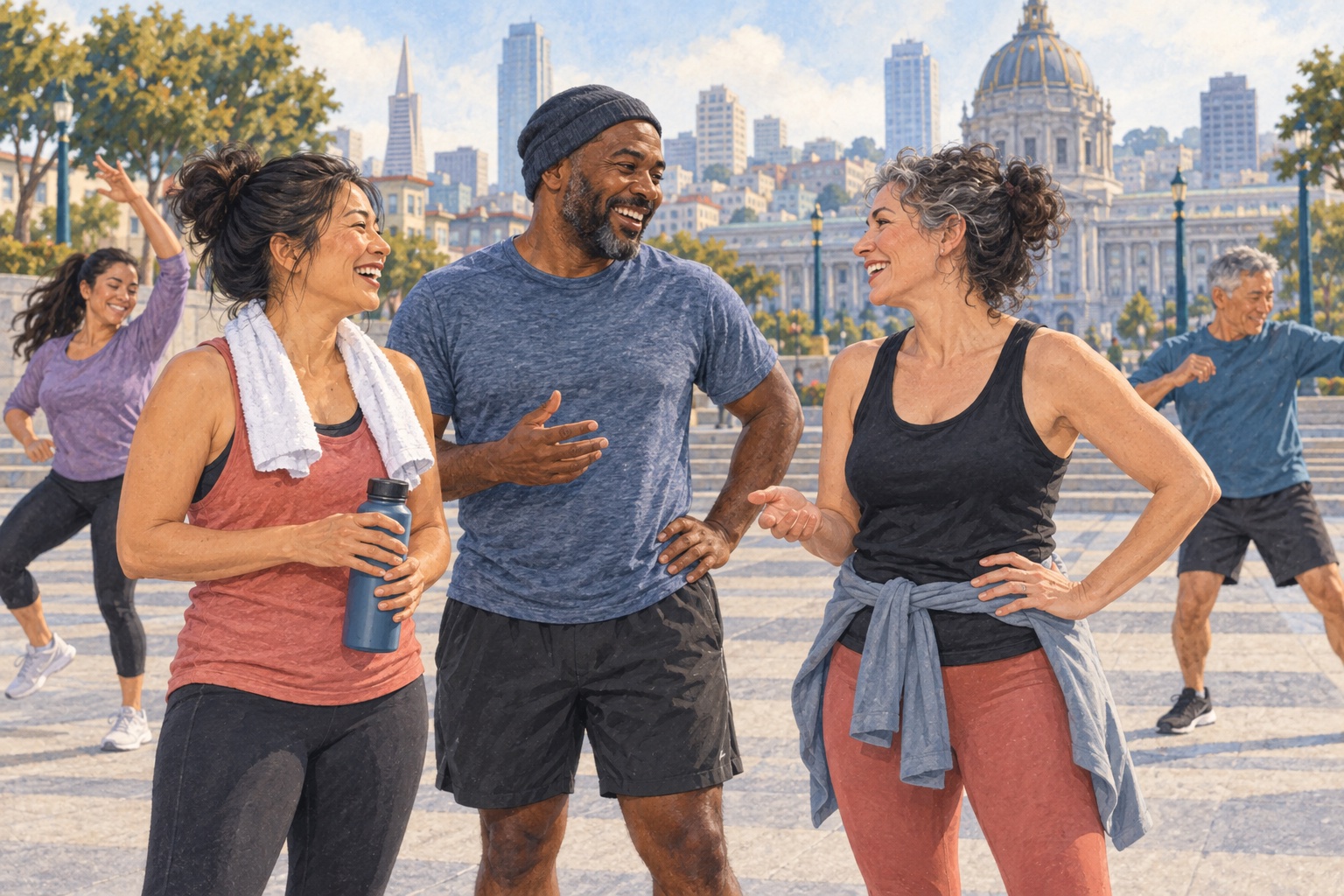 Editorial illustration of adults chatting beside an outdoor dance-fitness session in a San Francisco-inspired plaza.