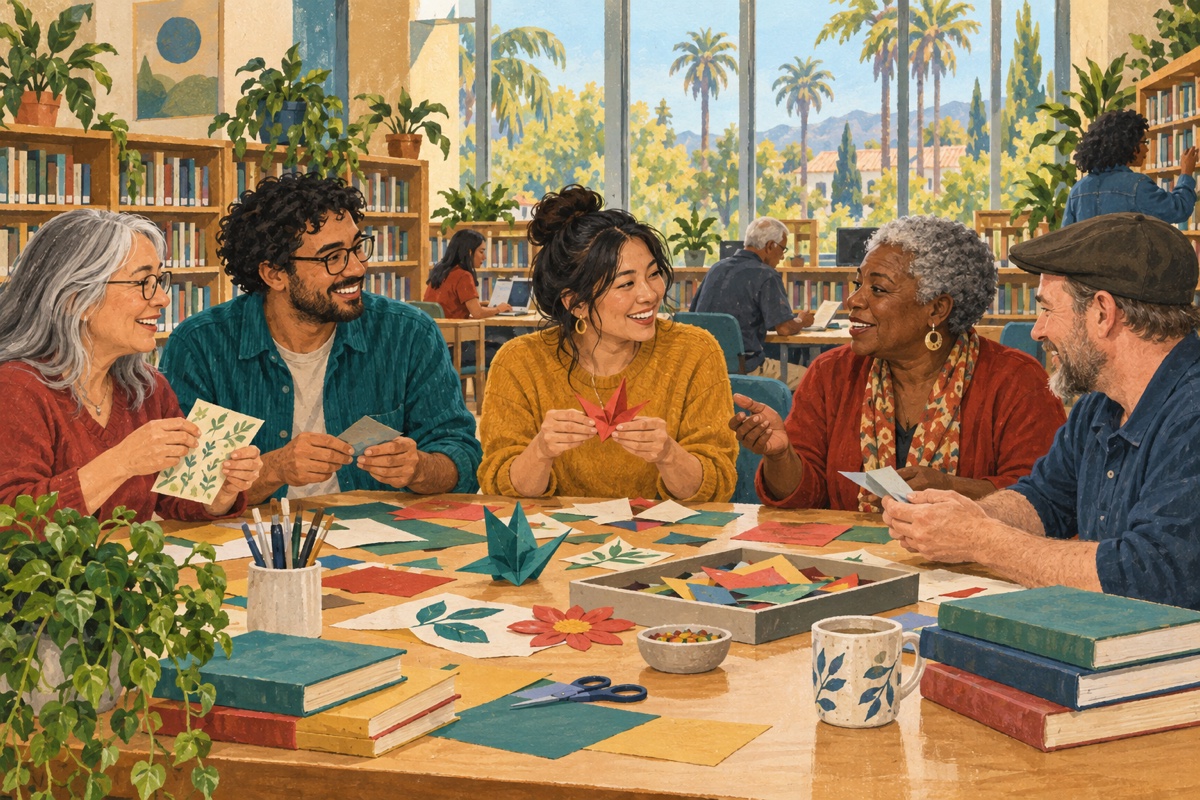 Editorial illustration of adults sharing a paper-craft activity in a San José public library.