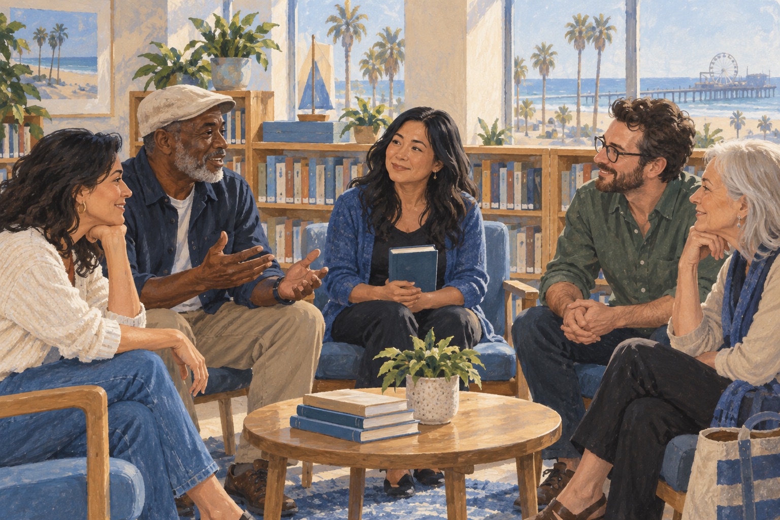 Editorial illustration of adults sharing a book discussion in a Santa Monica-inspired branch library.