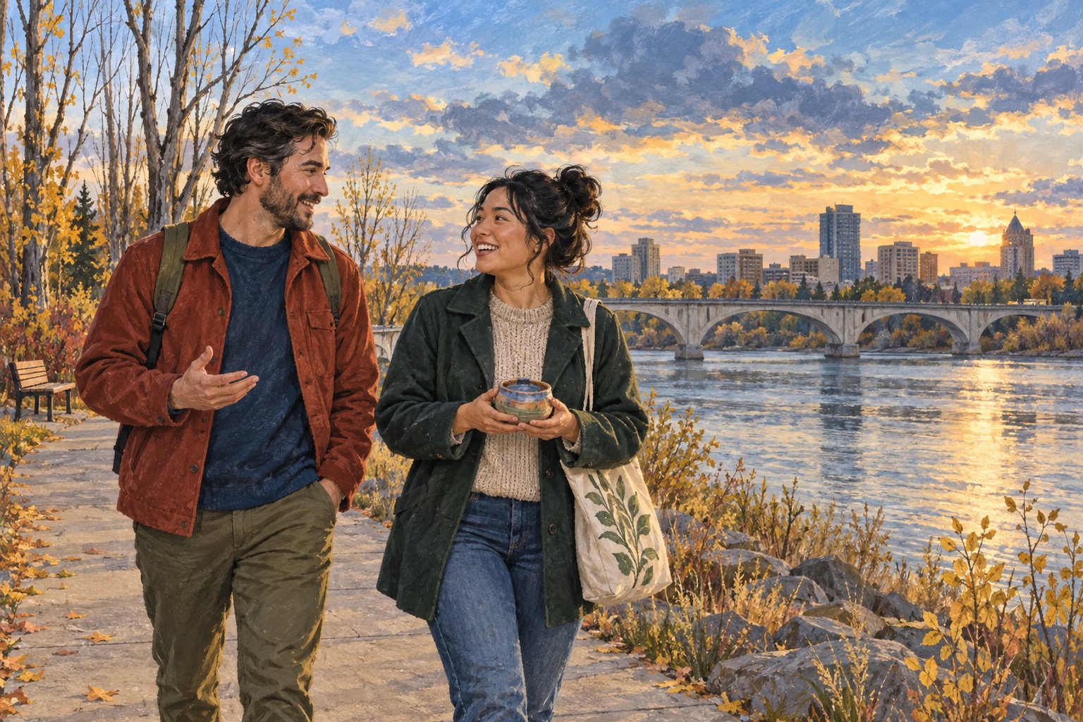 Illustration of two adults talking on a Saskatoon riverfront path at sunset with a bridge and skyline in the distance.