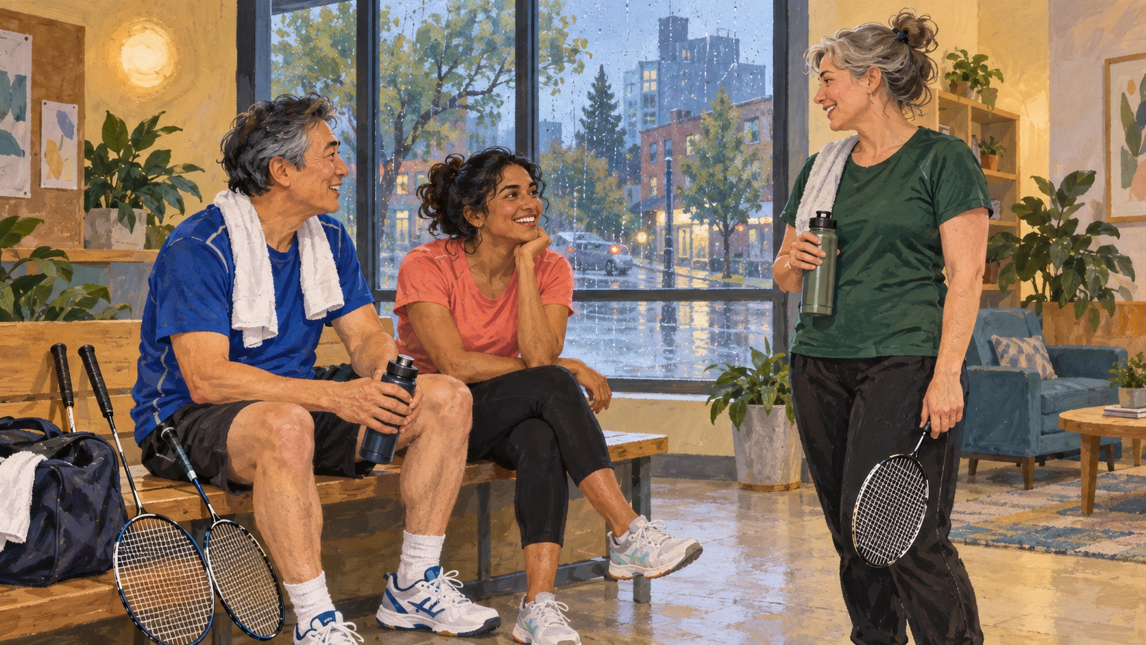 Editorial illustration of adults chatting after badminton in a Seattle-inspired recreation room.