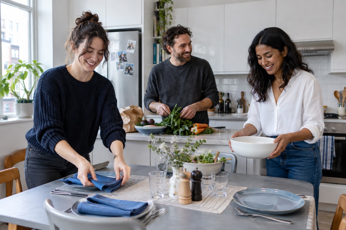 AI-generated illustration of three adults preparing a shared dinner at home.