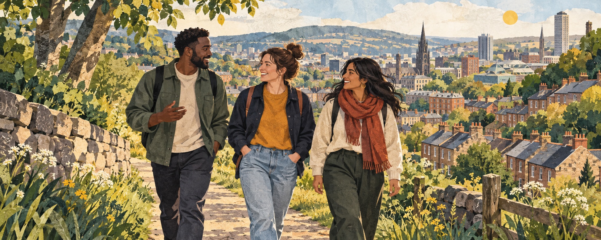 Editorial illustration of friends walking above Sheffield-inspired hillside terraces.