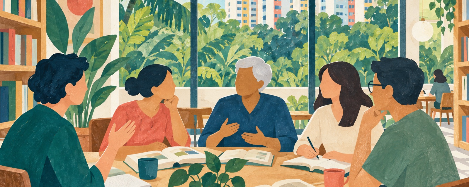 Editorial illustration of adults sharing books at a public-library-style discussion table in Singapore