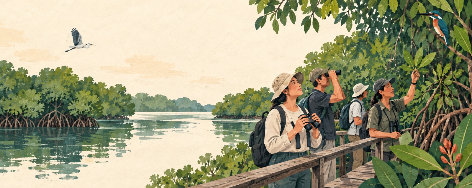 Editorial artwork of adults observing mangrove wildlife on a Singapore nature walk