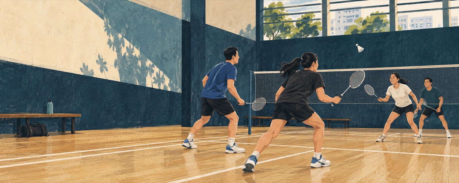 Editorial artwork showing adults sharing a badminton court in Singapore