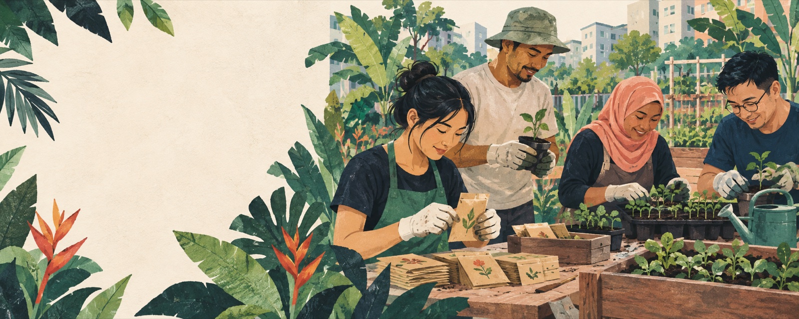 Editorial artwork of a diverse group of adults working together in a community garden in Singapore
