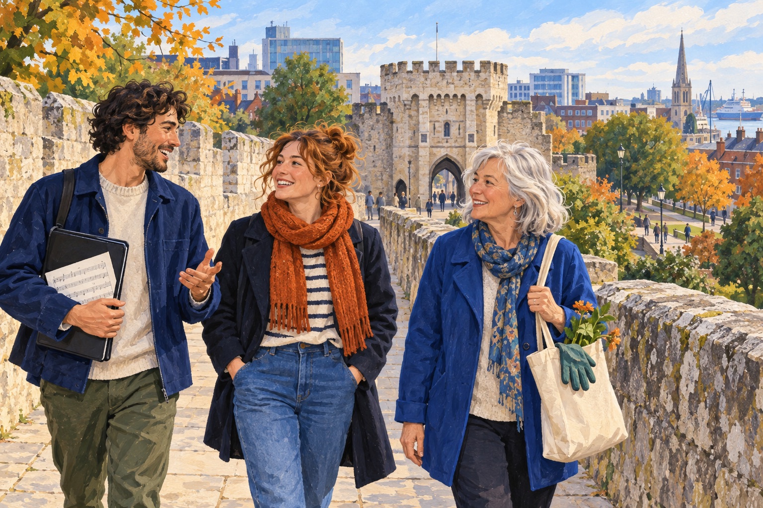 Editorial illustration of three adults chatting beside Southampton-inspired stone town walls.