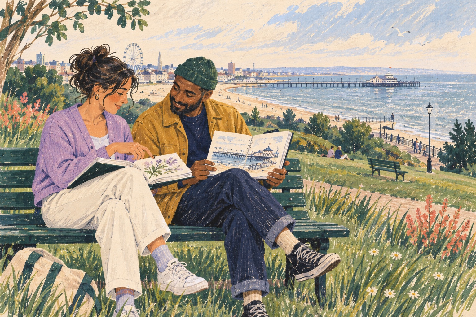 Editorial illustration of adults sketching and talking in a Southend-inspired coastal park with a pier in the distance.