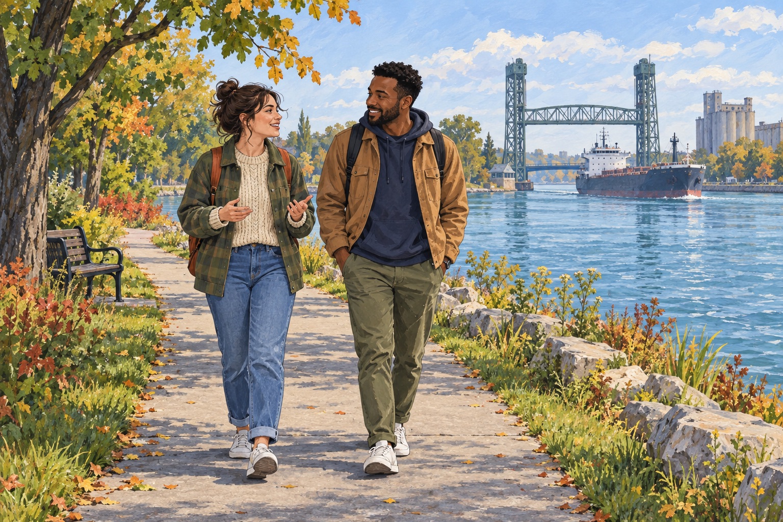 Illustration of two adults talking beside the Welland Canal in St. Catharines, with a lift bridge and vessel in the background.