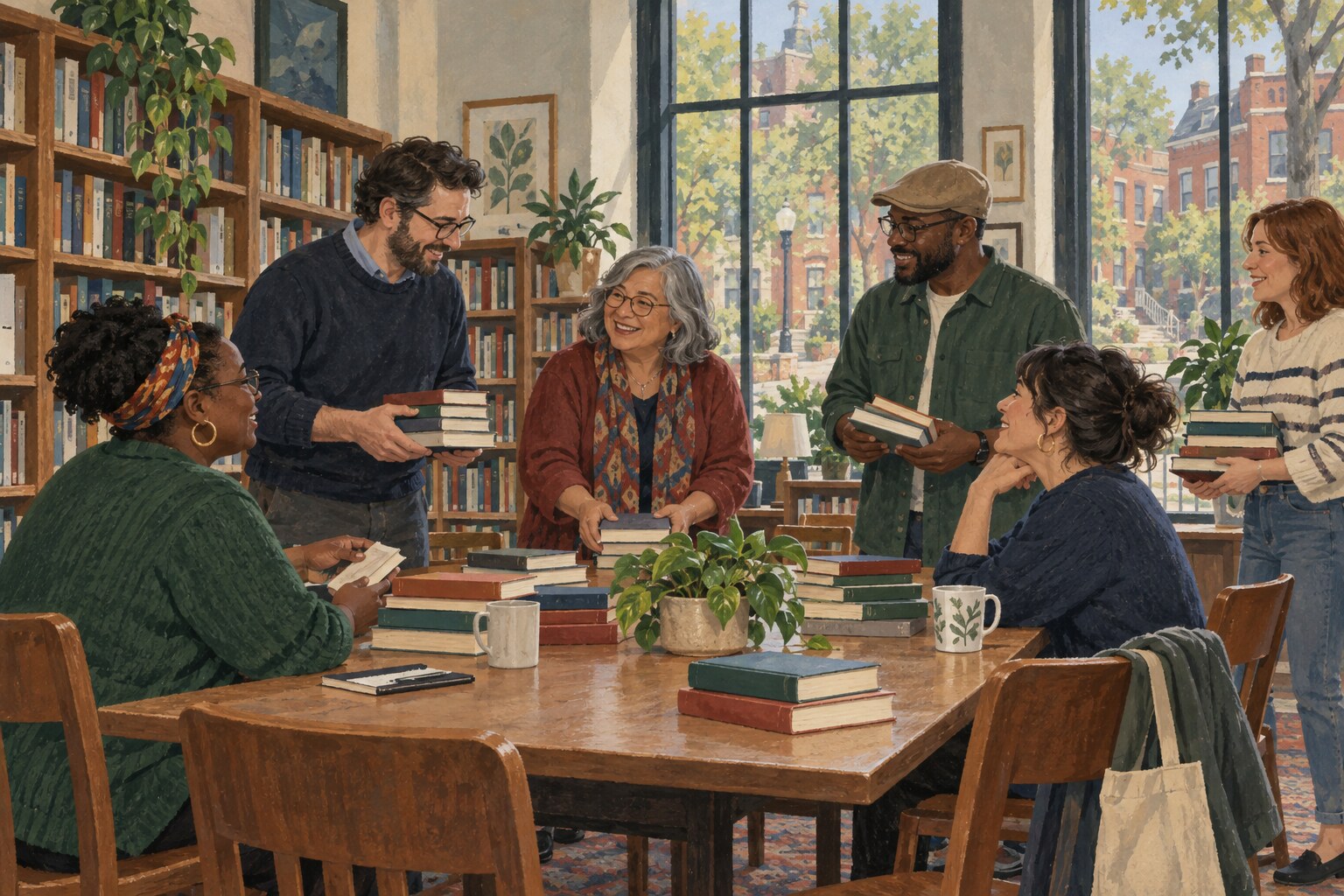 Editorial illustration of adults sharing books around a table at a St. Louis public library.