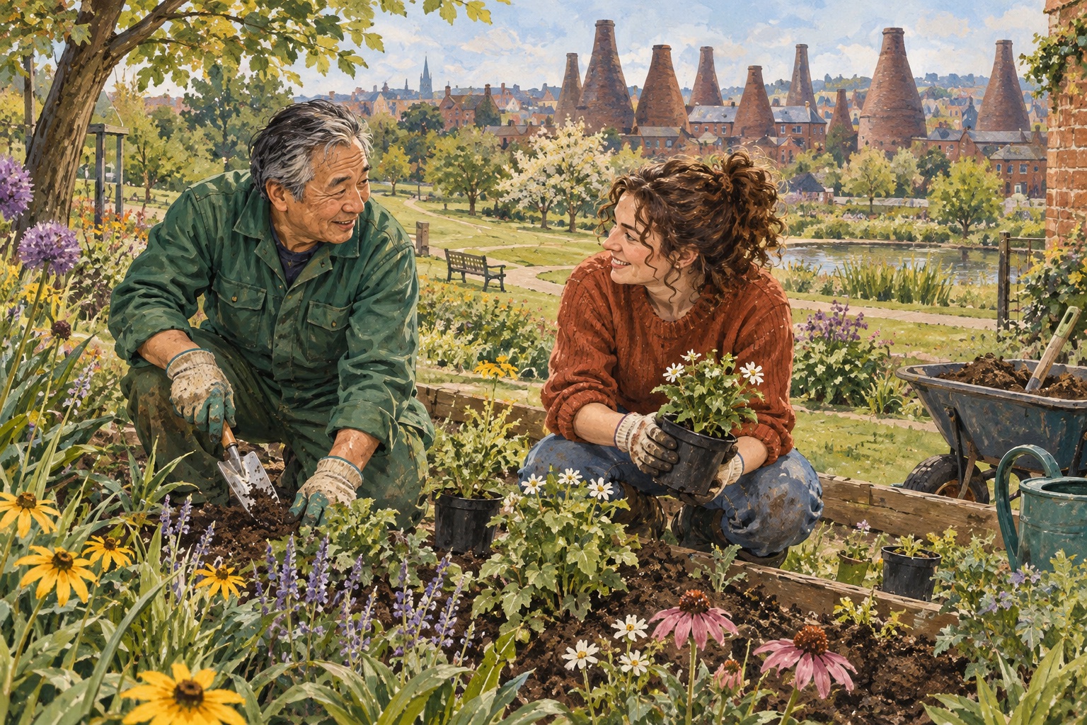 Editorial illustration of adults gardening together with Stoke-on-Trent-inspired bottle kilns in the background.