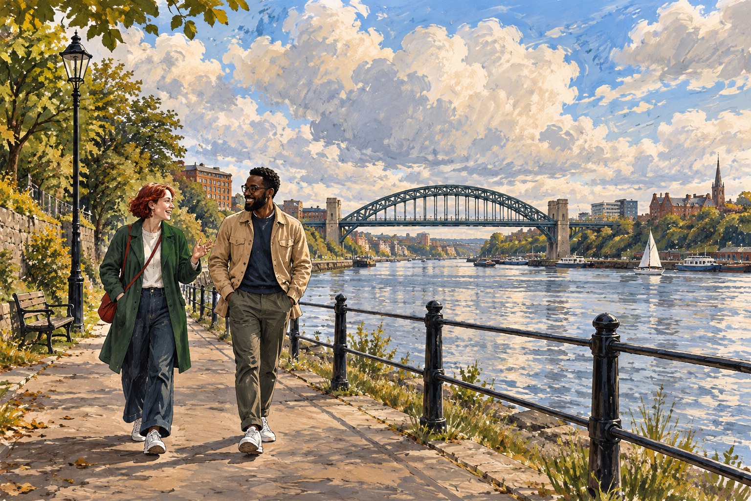 Editorial illustration of two adults talking beside a Sunderland-inspired riverside with an arched bridge in the distance.