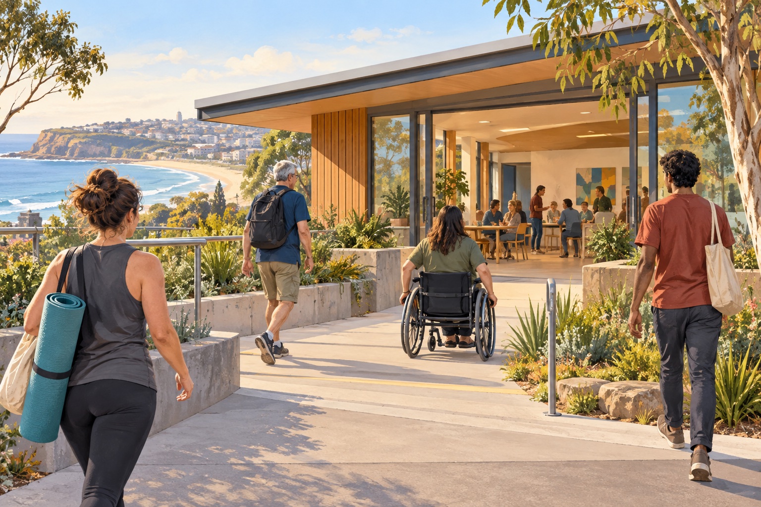 Editorial illustration of adults sharing a community activity in Sunshine Coast; it does not depict a real group, venue or event.