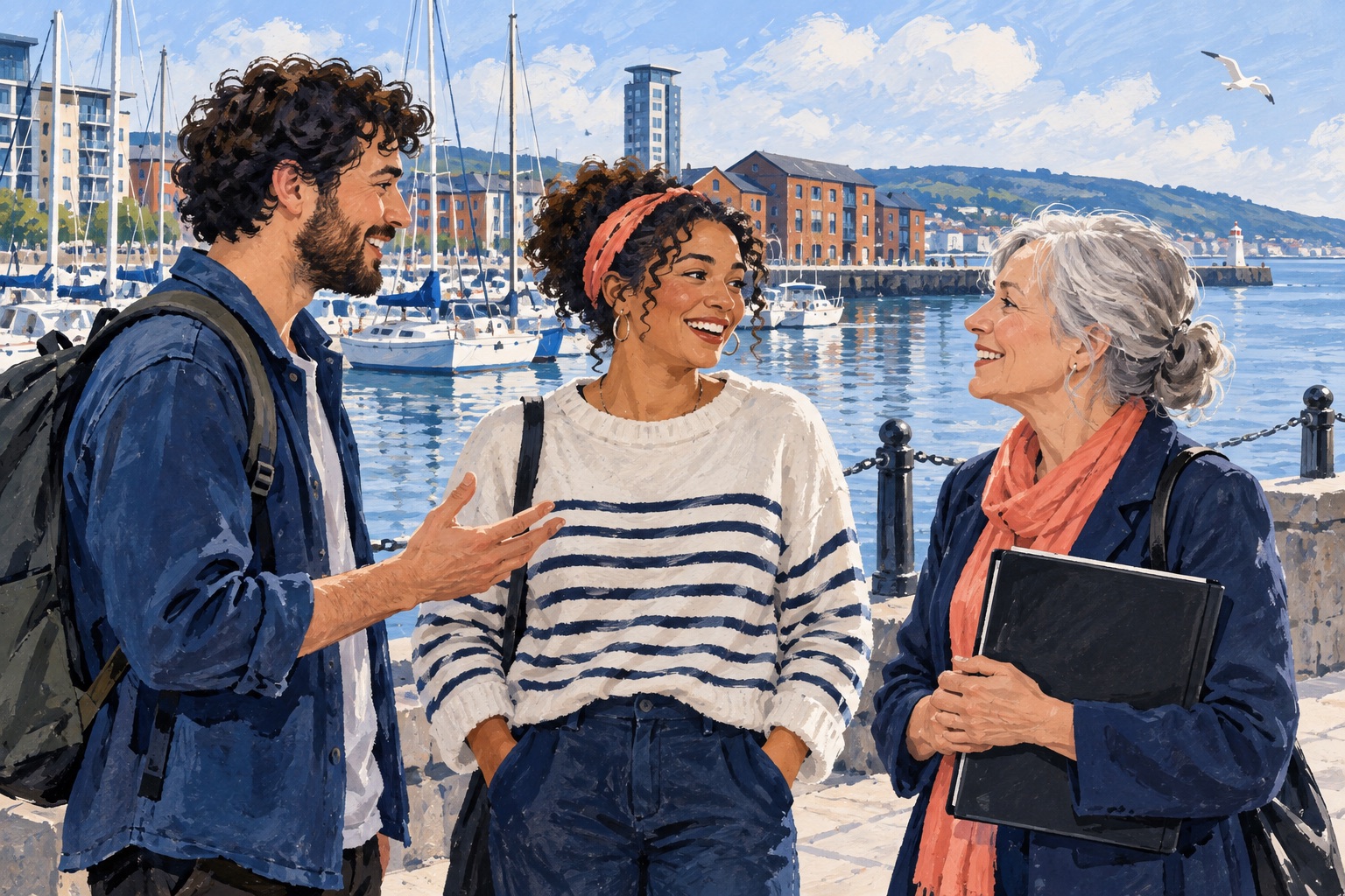 Editorial illustration of adults chatting beside a Swansea-inspired marina, with a music folder and daypack.