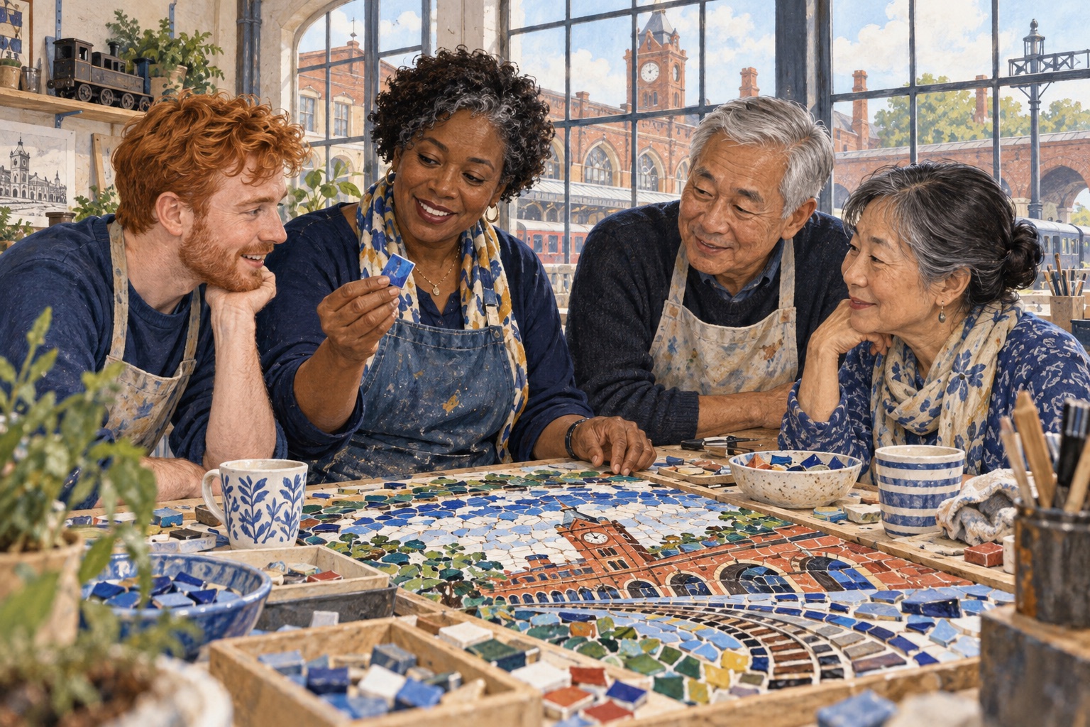 Editorial illustration of adults sharing a mosaic project with Swindon-inspired railway buildings outside.
