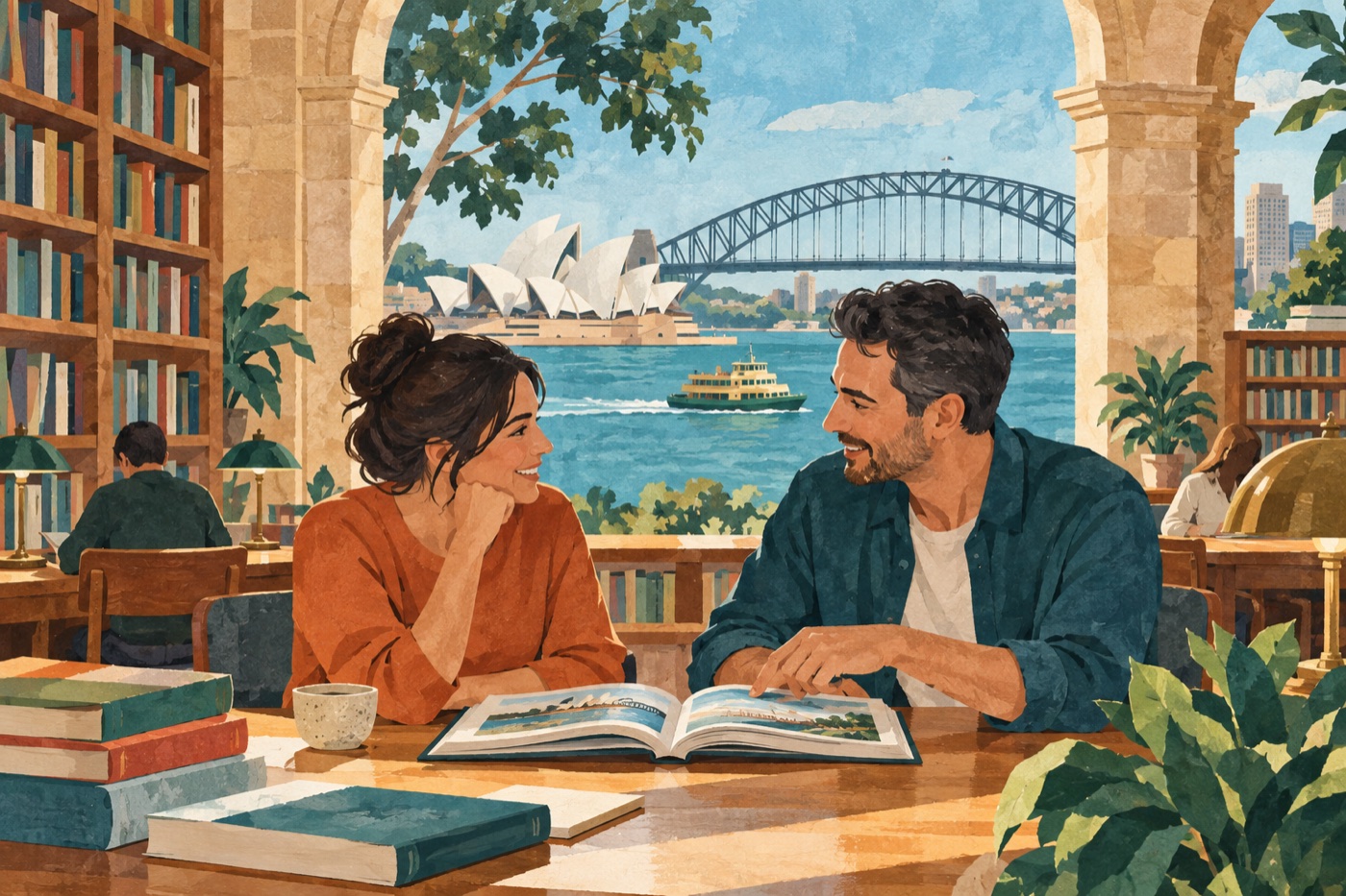 Editorial illustration of adults sharing a community activity in Sydney; it does not depict a real group, venue or event.