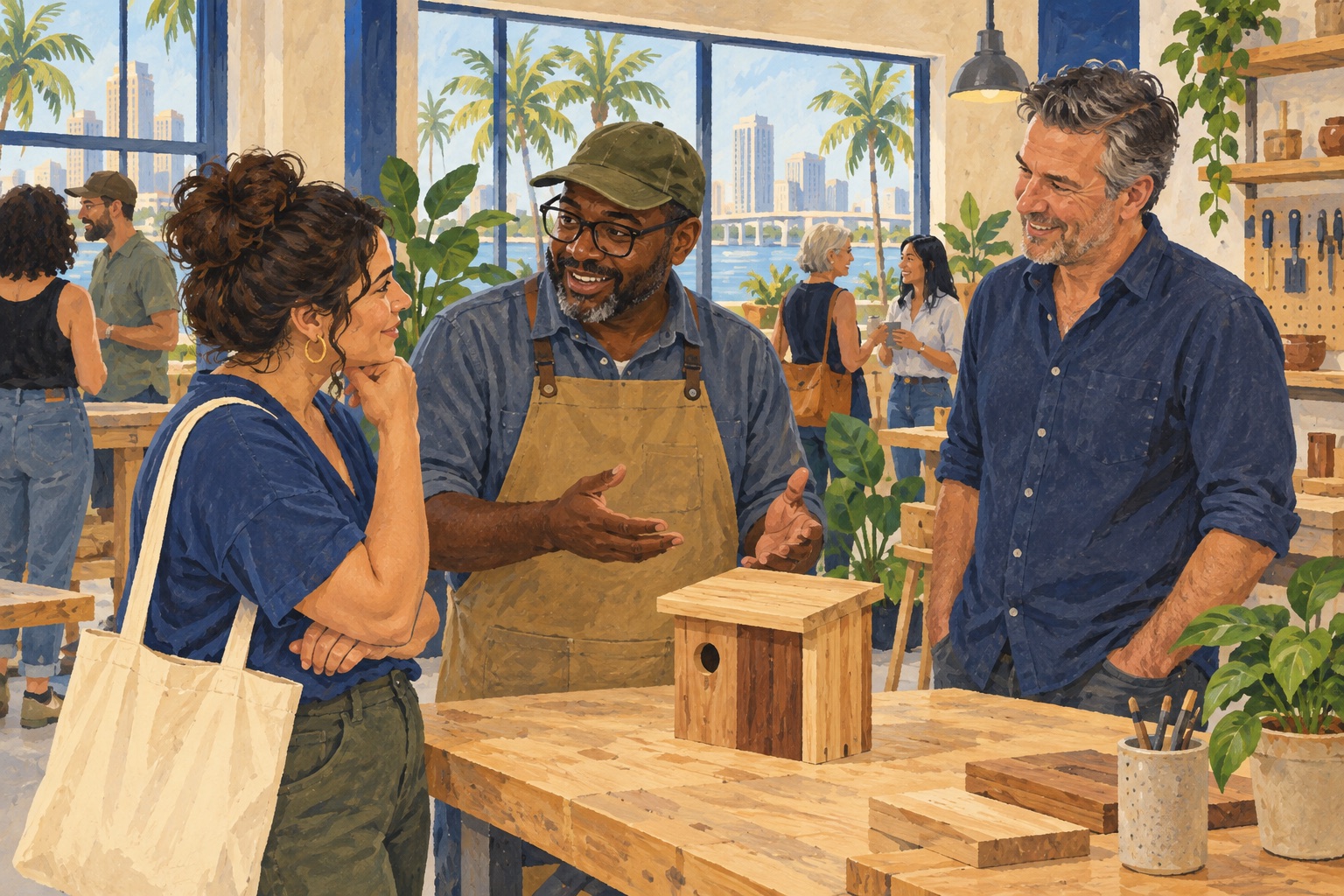 Editorial illustration of adults sharing a small craft project in a Tampa-inspired makerspace.
