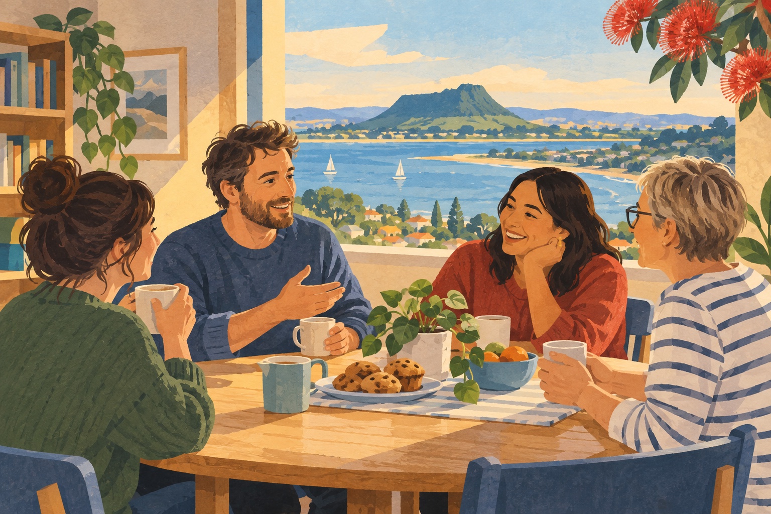 Editorial illustration of adults chatting over tea, with Tauranga harbour and a distant volcanic cone visible beyond the window.