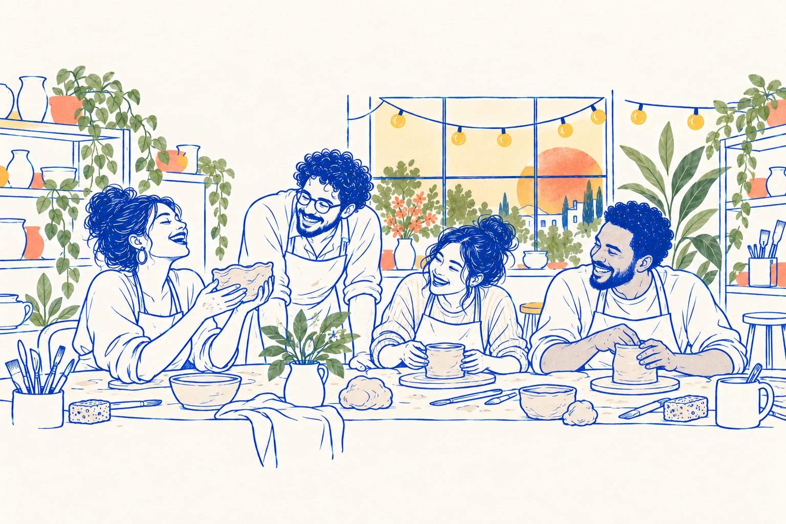 Ink illustration of four adults in their thirties laughing around a shared table in a pottery class, shaping clay under a string of warm lights.