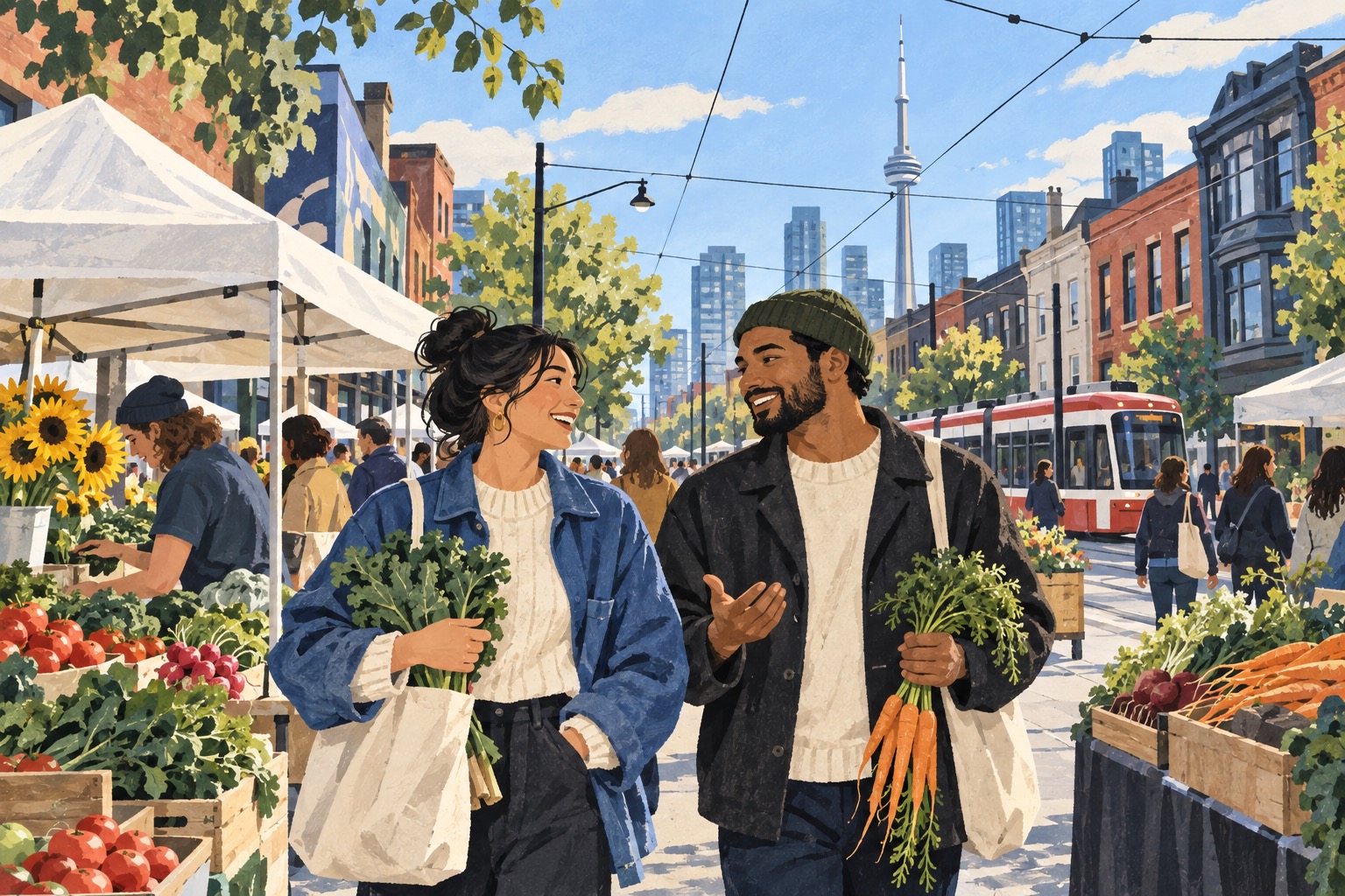 Illustration of two friends browsing a Toronto street market, with the CN Tower in the distance.
