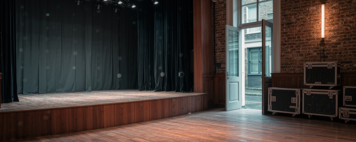 An empty London venue in daylight with the stage struck and the curtain closed, black flight cases stacked against a bare brick wall, and a side door open onto the street.