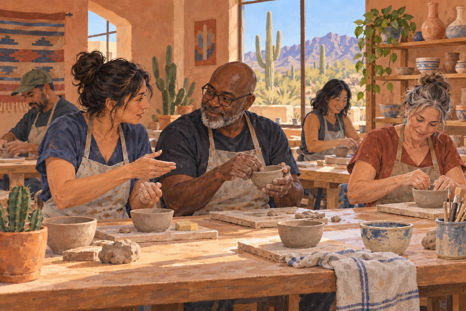 Editorial illustration of adults shaping clay together in a Tucson-inspired studio with desert light.