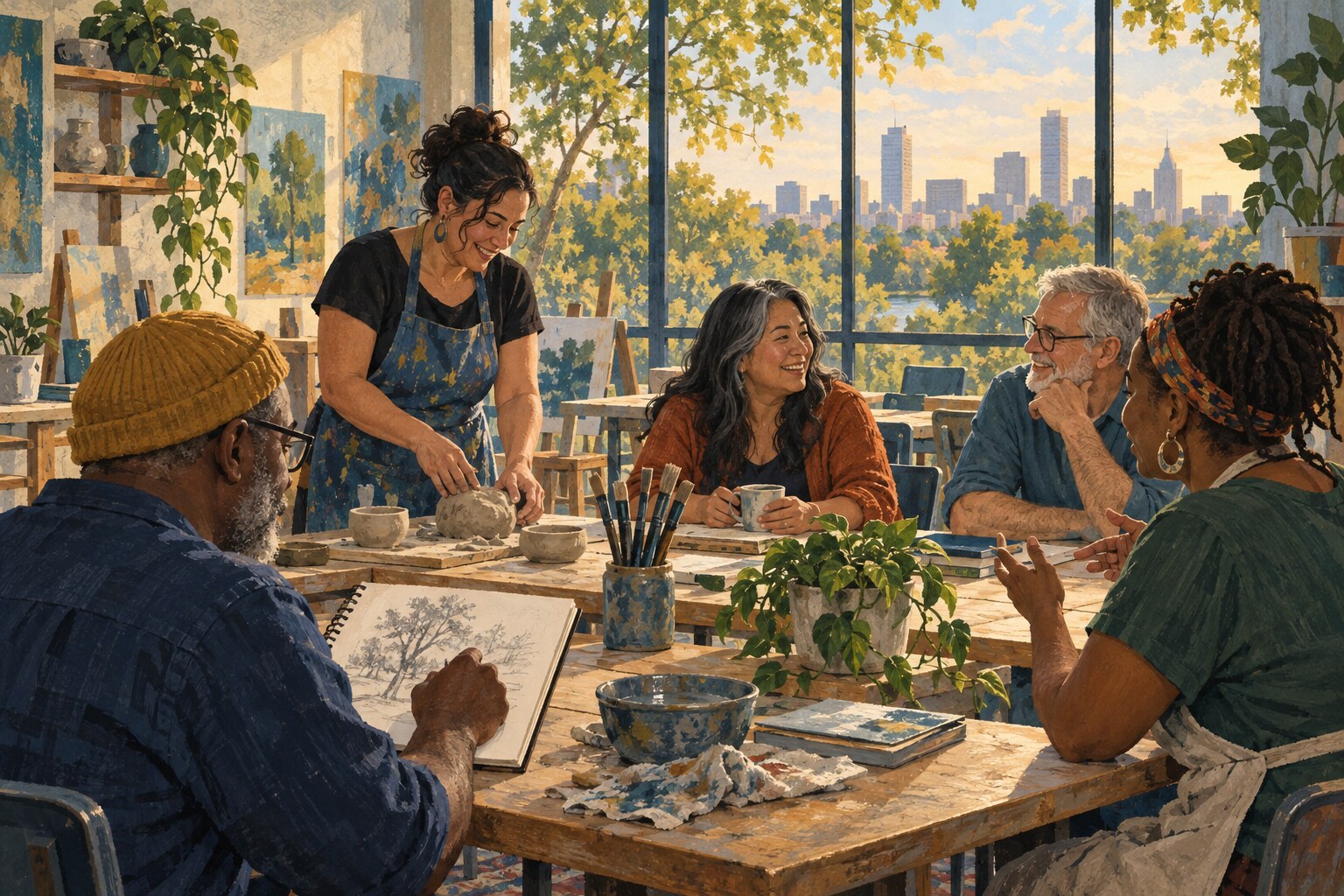 Editorial illustration of adults sharing a creative activity at a Tulsa community center.