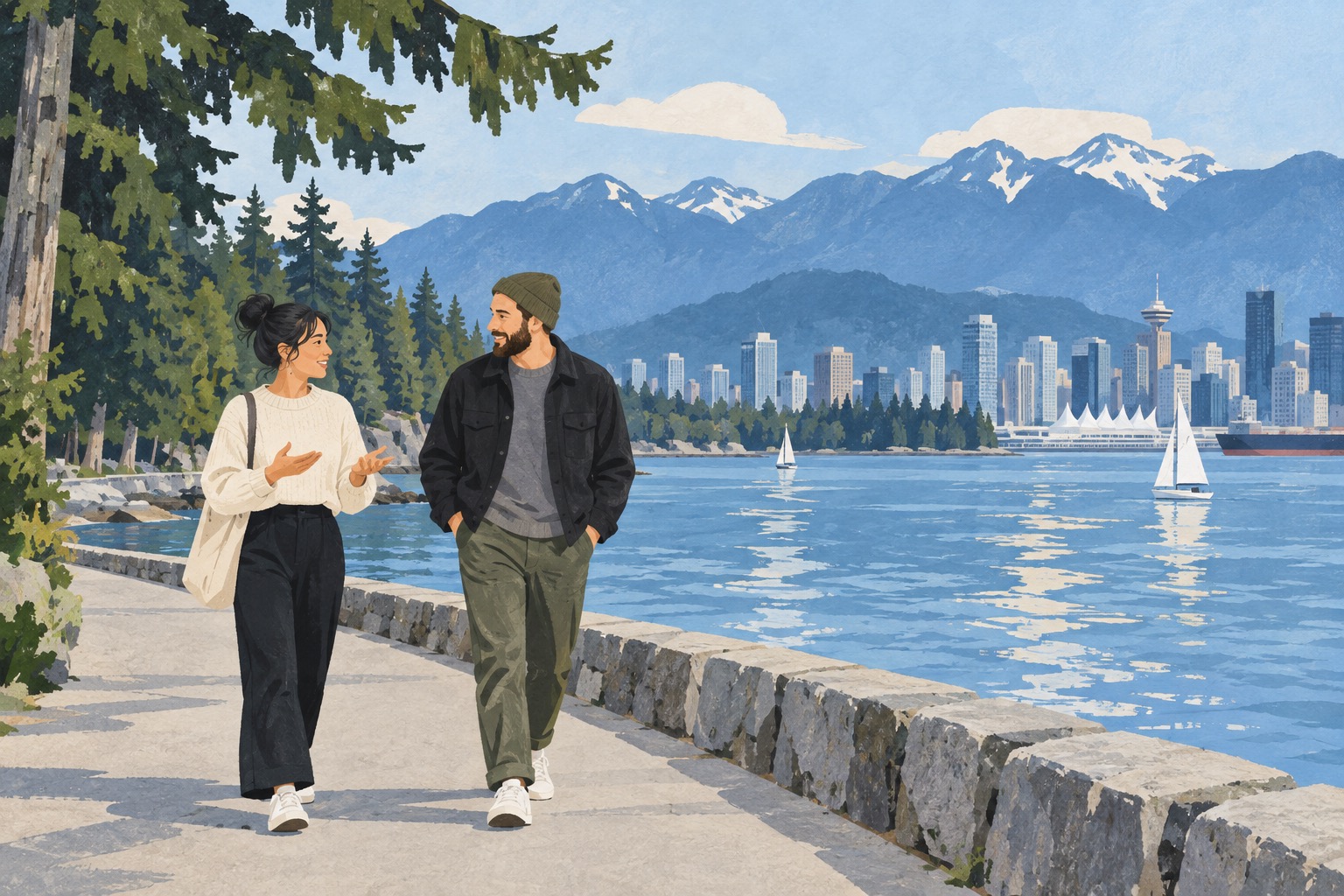 Illustration of two friends talking on Vancouver’s waterfront with mountains and the harbour behind them.