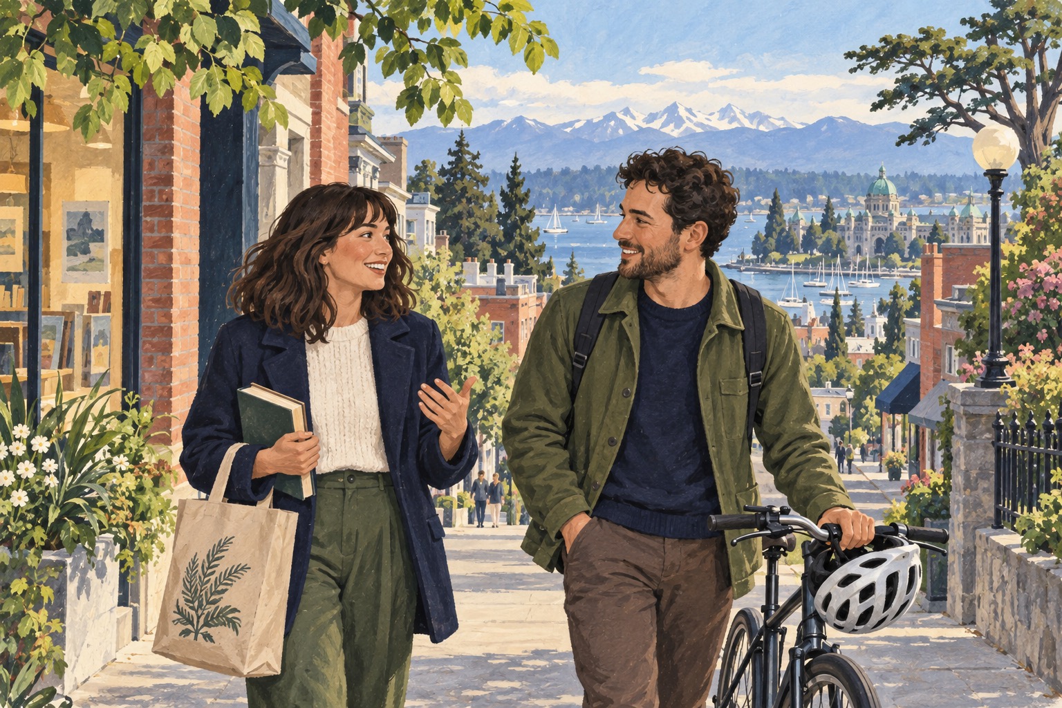 Illustration of two adults talking on a leafy Victoria street with the Inner Harbour and distant mountains behind them.