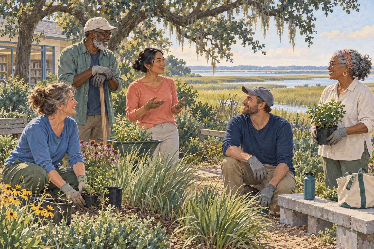 Illustration of adults talking after a volunteer garden activity in Virginia Beach.