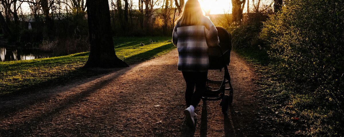 Someone walking a pram along a path away from the camera