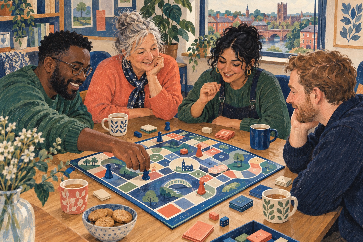 Editorial illustration of adults welcoming a new player to a board-game table in a Warrington-inspired setting.