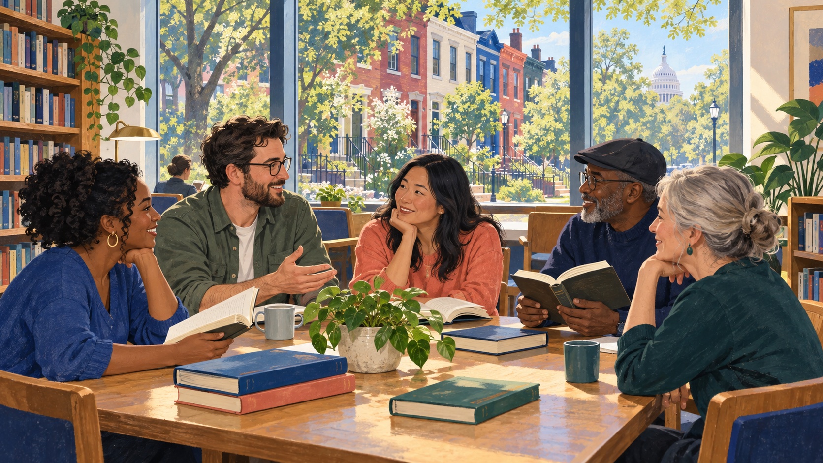 Editorial illustration of adults discussing books in a Washington DC-inspired reading room.