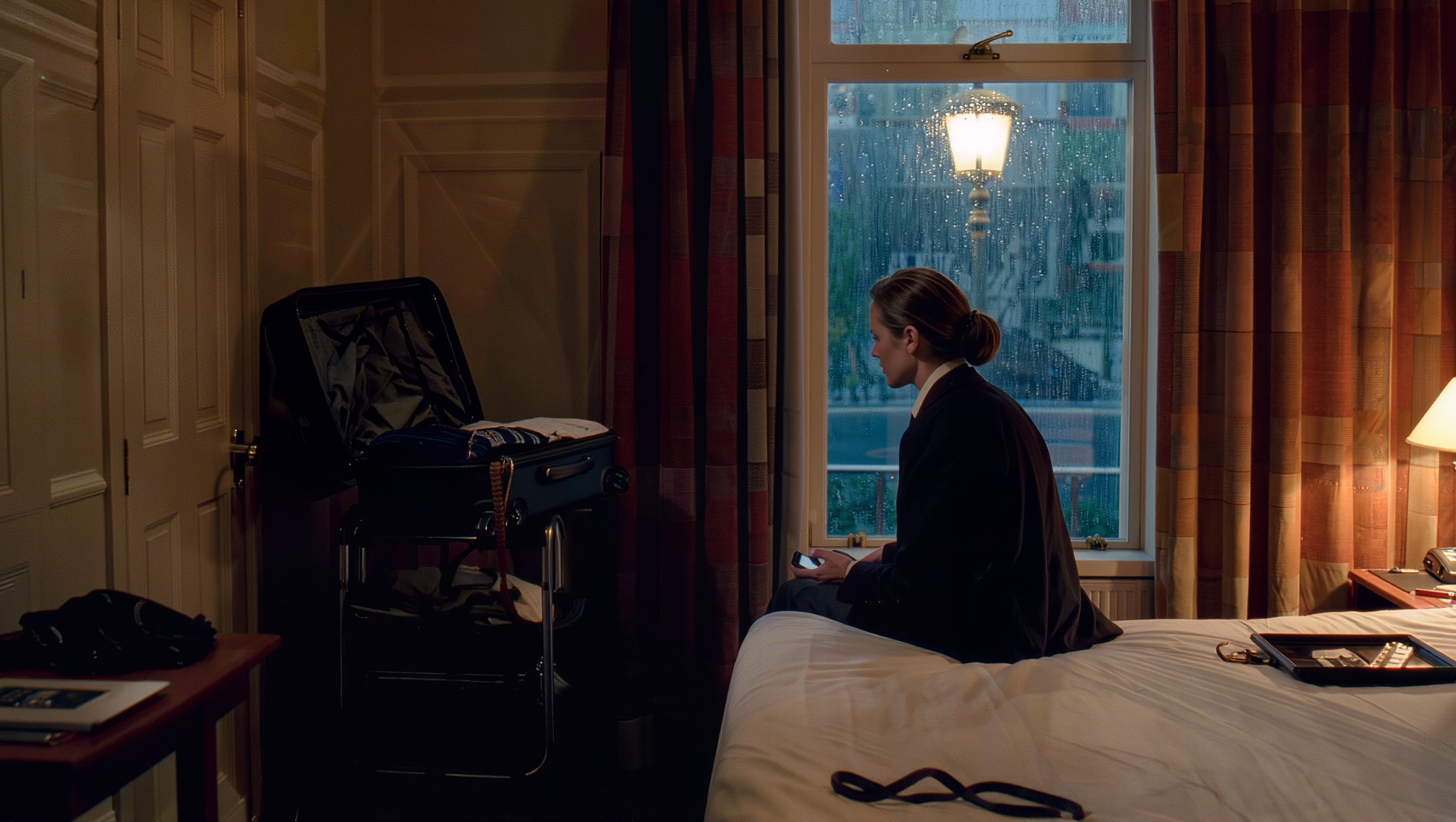 A small hotel room after dark. A woman in work clothes sits on the edge of the bed with a phone in her hand, turned toward a rain-covered window lit by a streetlamp outside. An open suitcase stands on a luggage rack and a room service tray sits untouched on the bed.