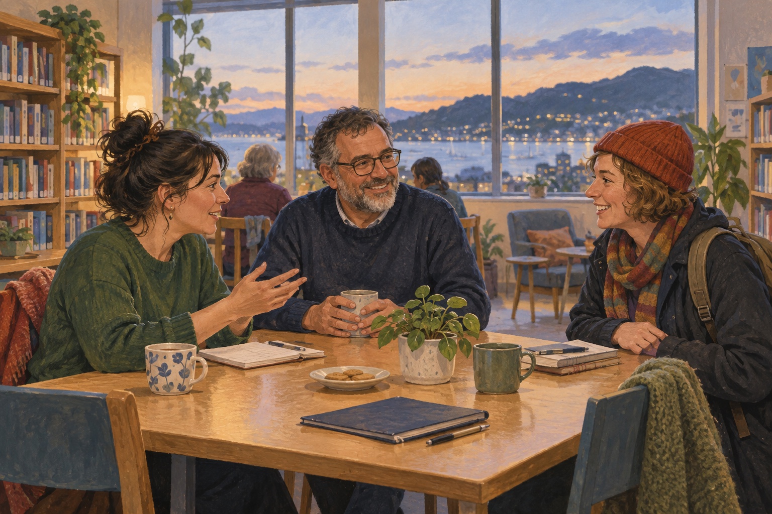 Illustration of three adults talking around a table in a Wellington community room, with the harbour and hillside visible through the window