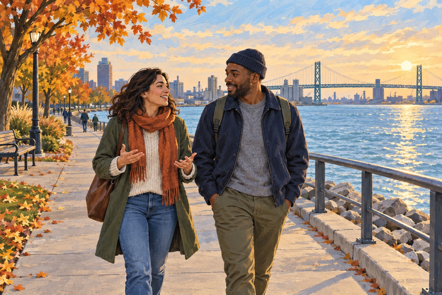Illustration of two adults talking along Windsor’s riverfront path with the Ambassador Bridge in the distance.