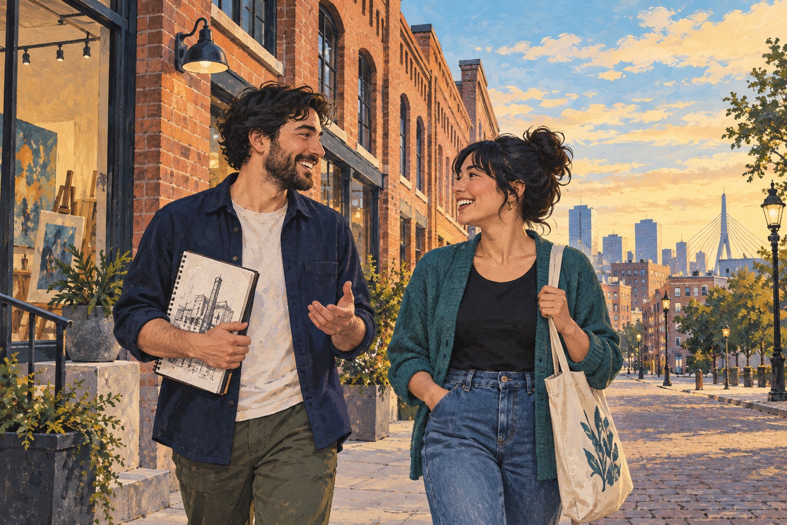 Illustration of two adults talking on a Winnipeg brick street after a community art activity, under a broad prairie sky.