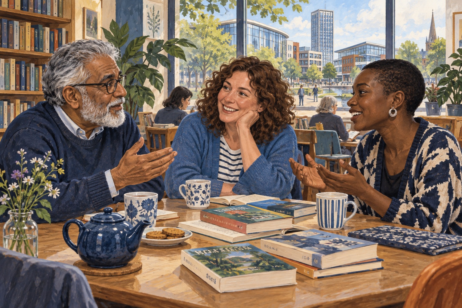Editorial illustration of adults sharing books and tea in a reading room with Woking-inspired modern buildings outside.