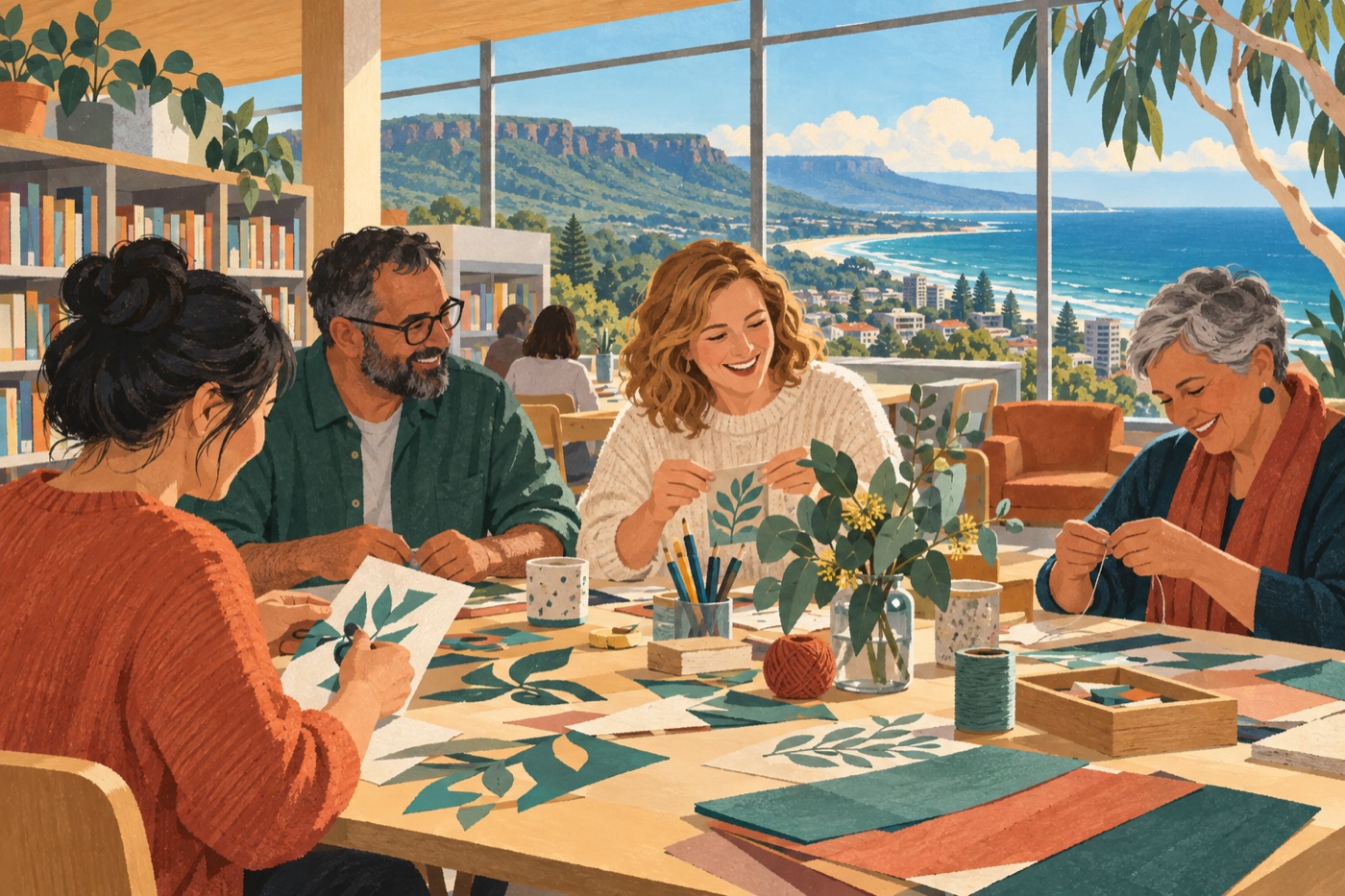 Editorial illustration of adults sharing a community activity in Wollongong; it does not depict a real group, venue or event.