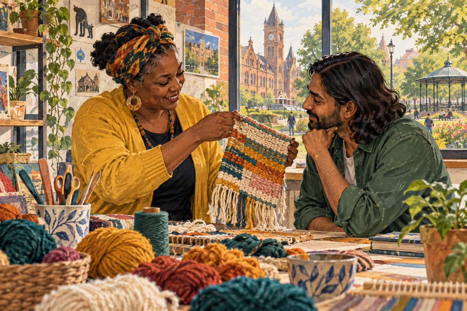 Editorial illustration of adults making colourful crafts together with a Wolverhampton-inspired civic roofline outside.
