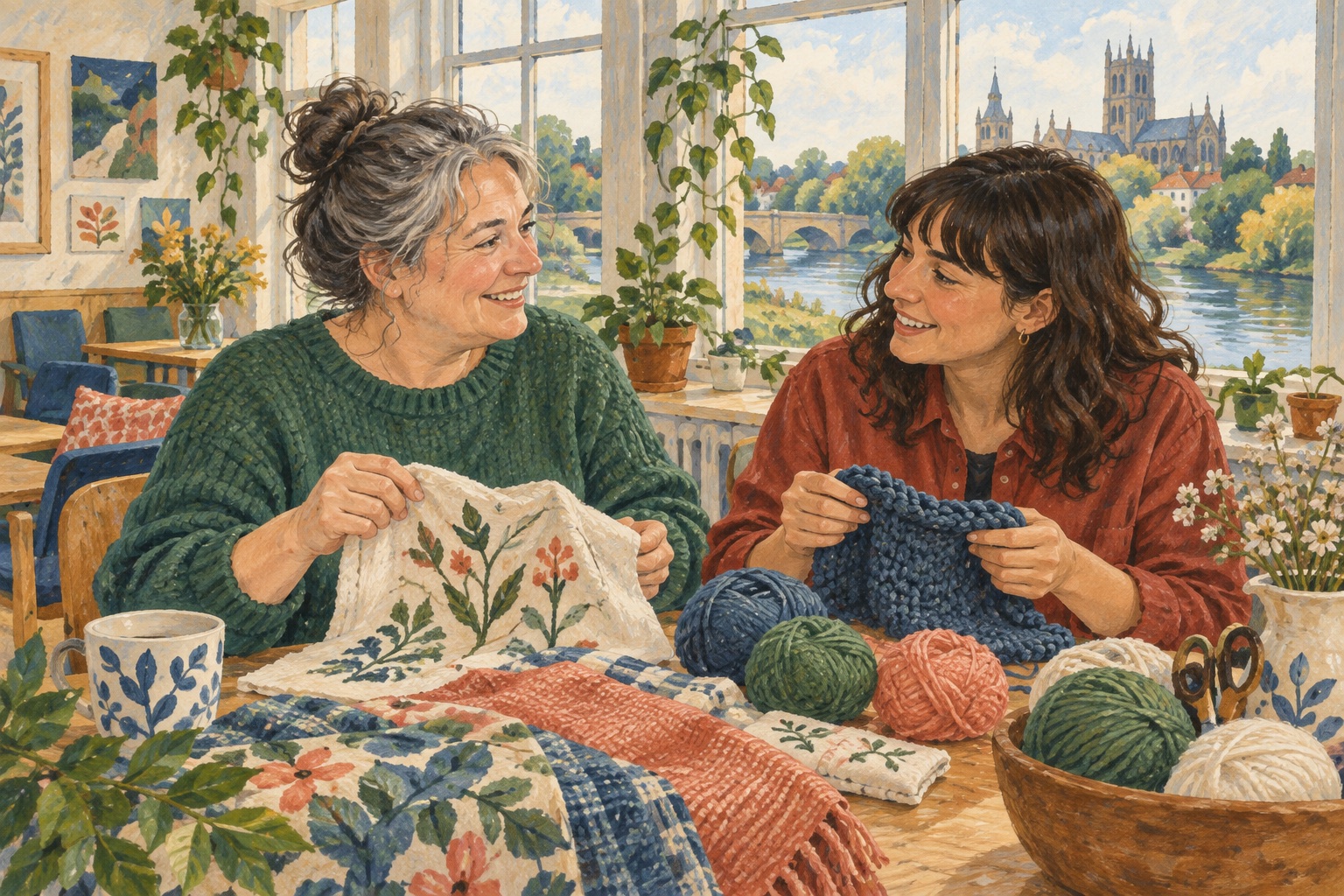 Editorial illustration of adults sharing craft projects in a Worcester-inspired room with a cathedral view.