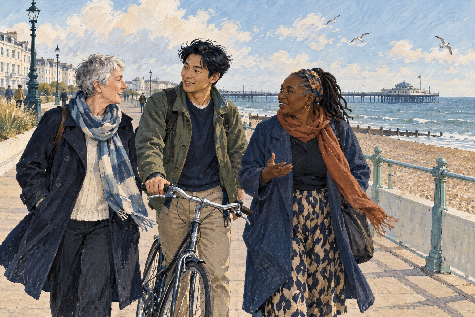 Editorial illustration of adults chatting on a Worthing-inspired promenade with a pier in the distance.