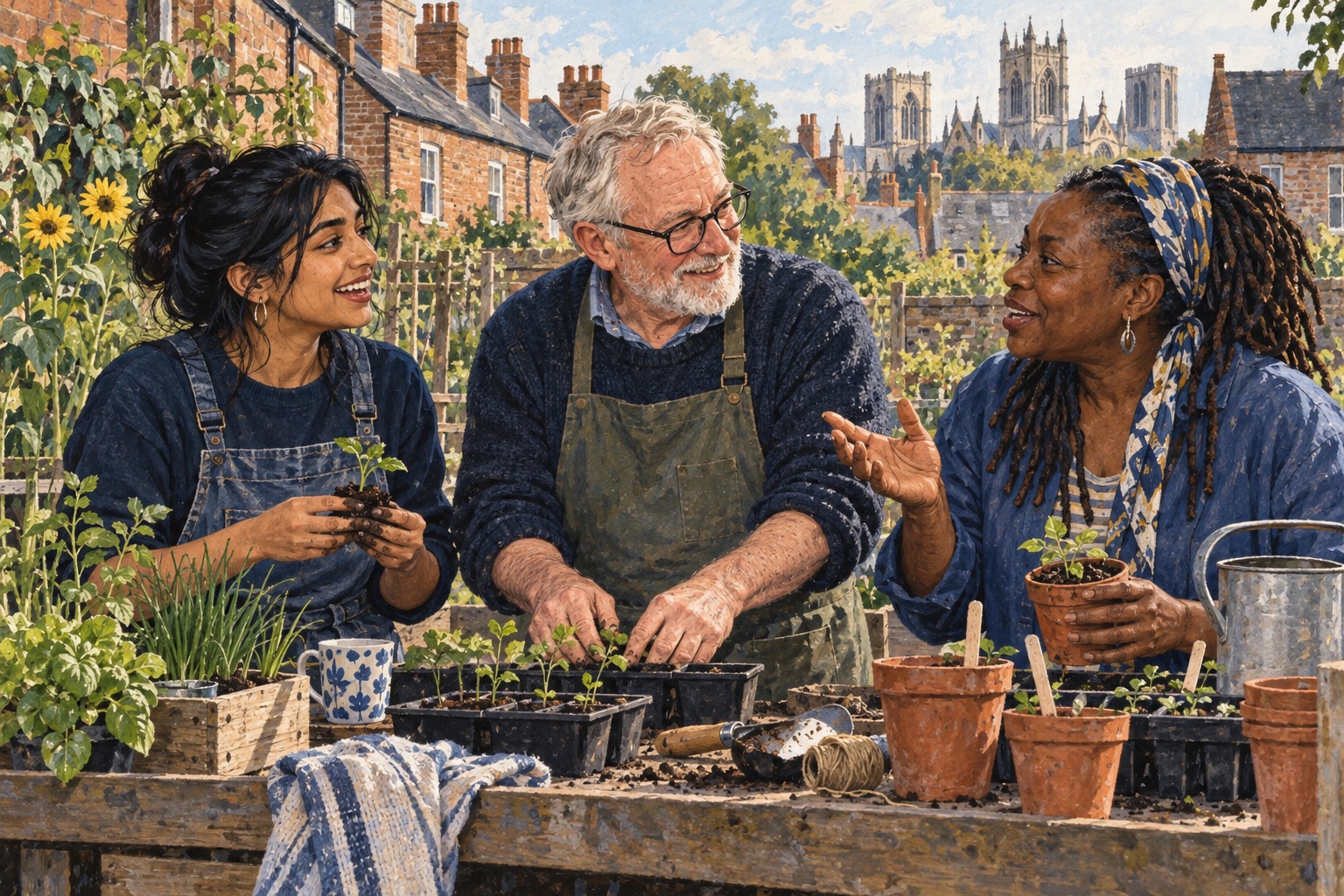 Editorial illustration of adults tending a neighbourhood garden with York-inspired terraces and a distant Gothic roofline.