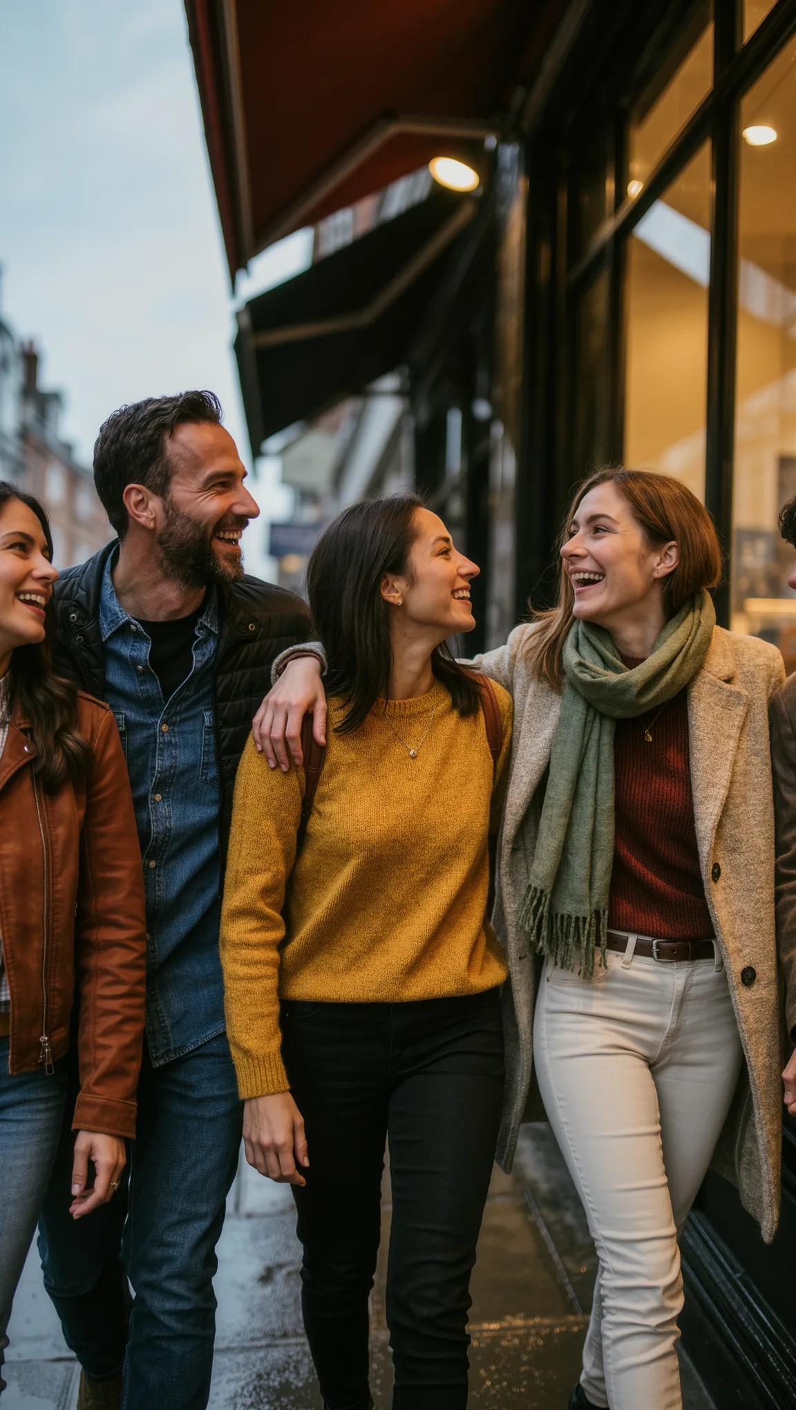 Friends sharing a laugh outside a café
