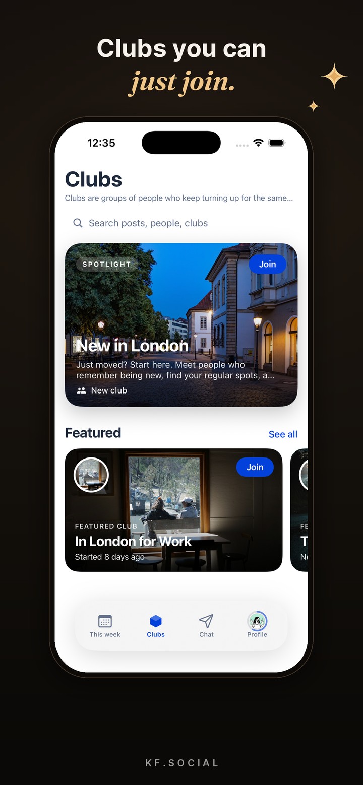 KF.Social Clubs screen, with New in London in the spotlight and In London for Work featured