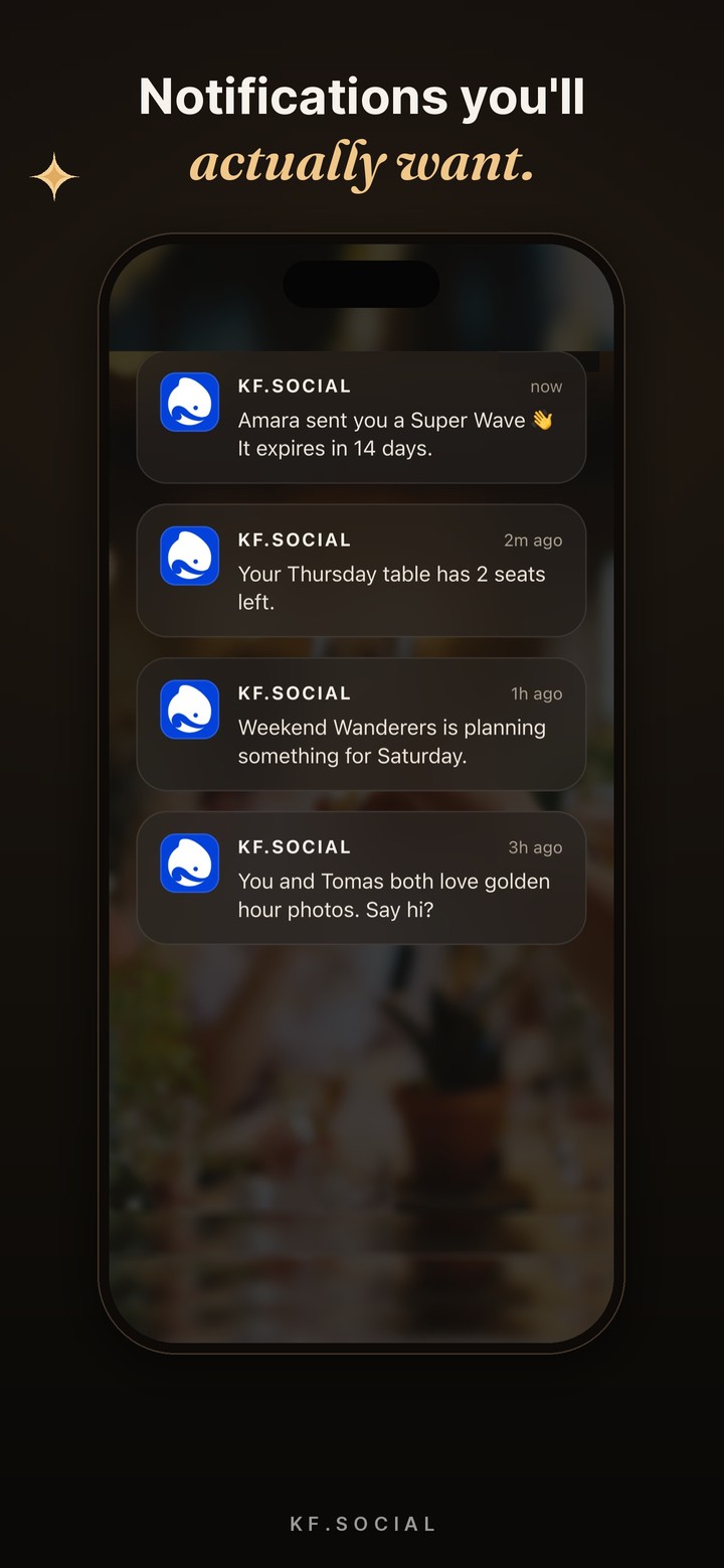 A lock screen carrying KF.Social notifications about a table and a club
