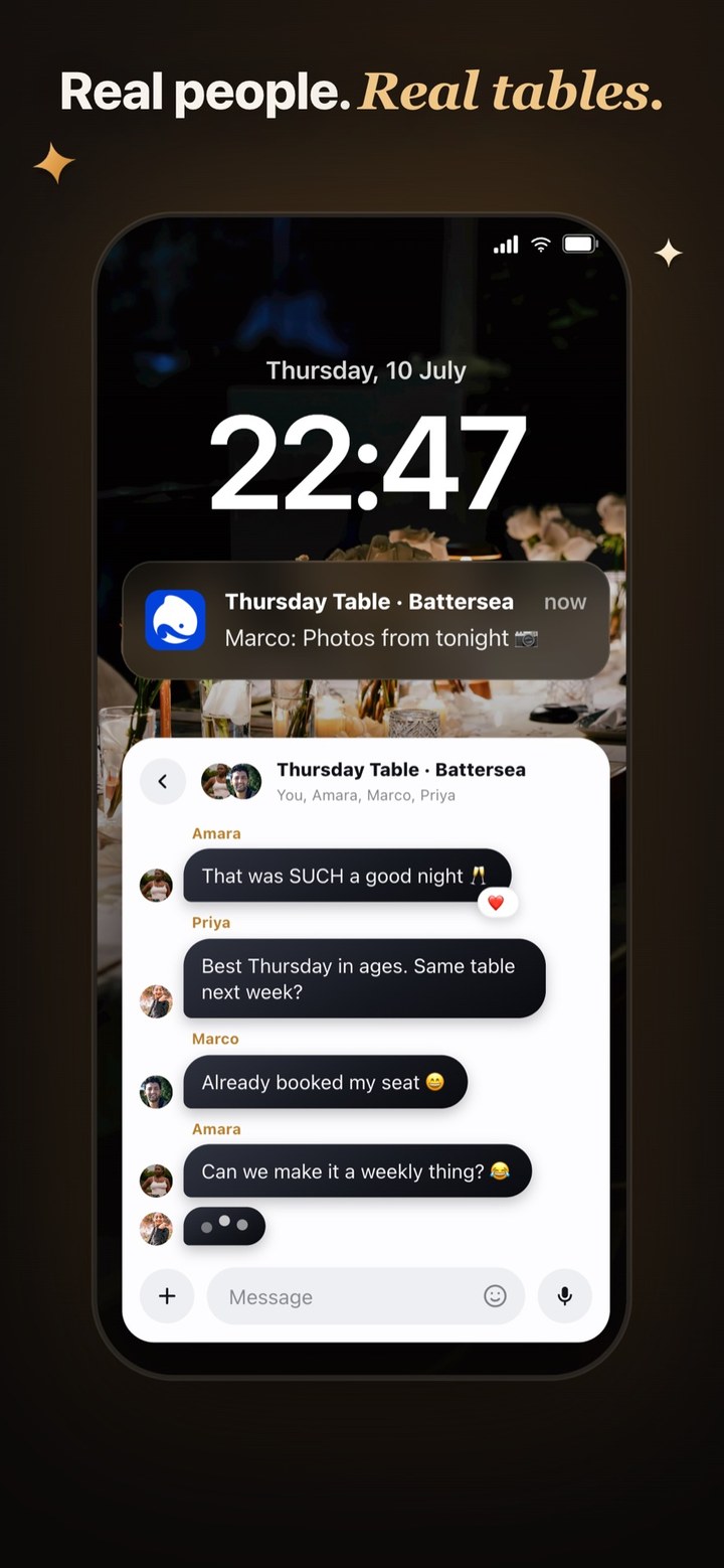 A lock screen at 22:47 after a KF.Social dinner, with the table's group chat still going