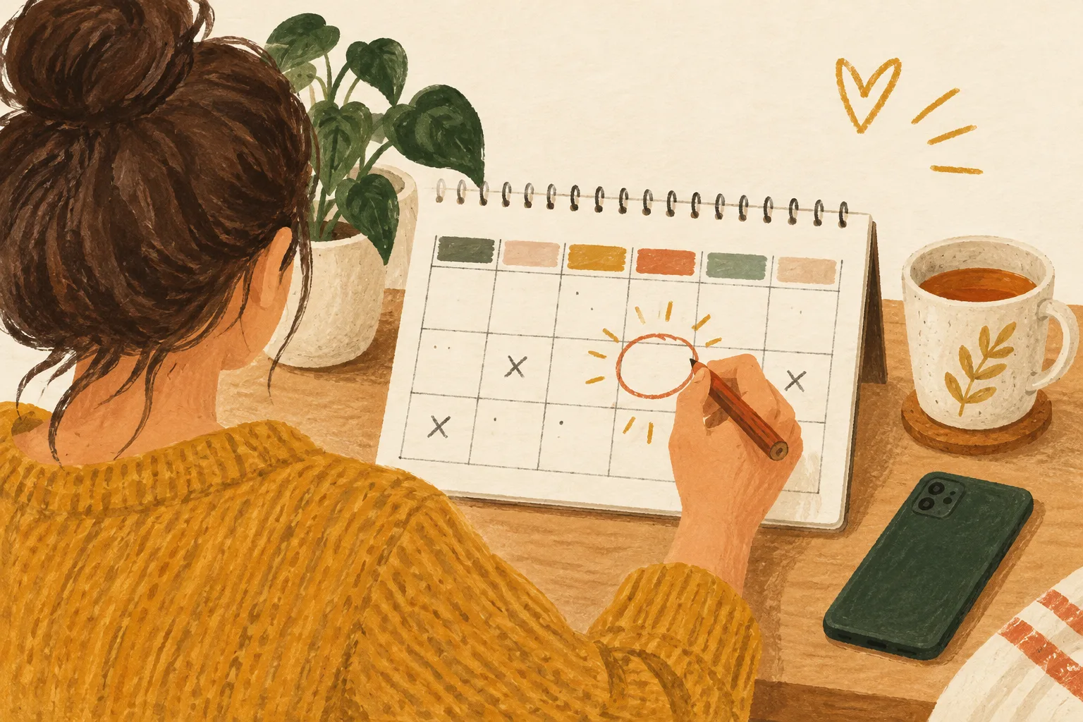 A woman choosing an evening on her calendar